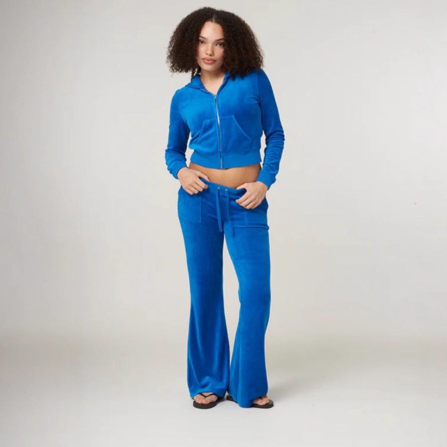 Blue velvet zip-front hoodie and wide-leg drawstring pants two-piece set for women