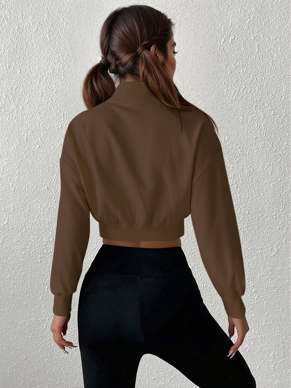 Dark brown cropped quarter-zip sweatshirt with stand collar, long sleeves; back view