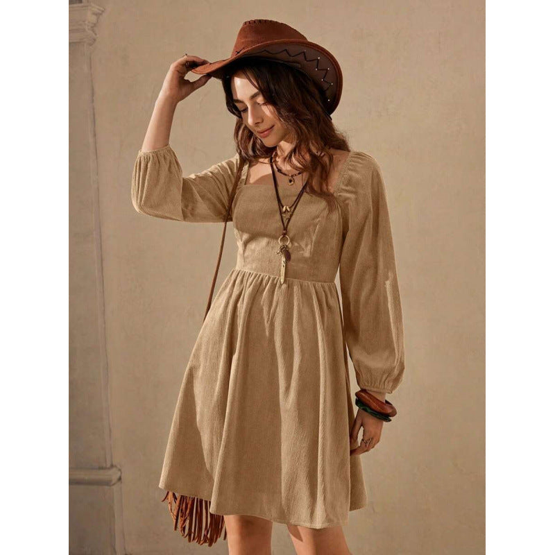 Khaki corduroy square-neck lantern-sleeve mini dress with gathered waist