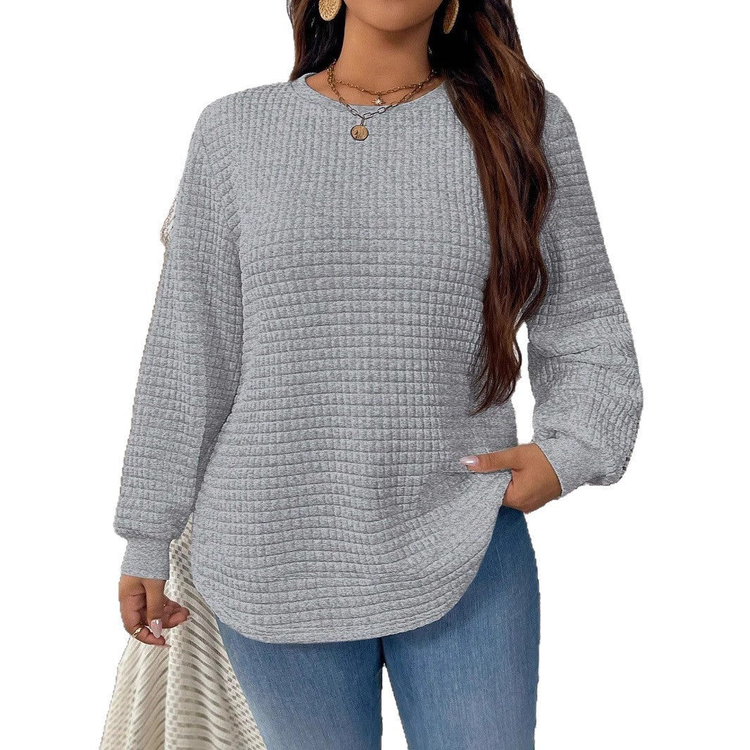 Women's heather gray textured pullover sweatshirt with crew neck and long sleeves
