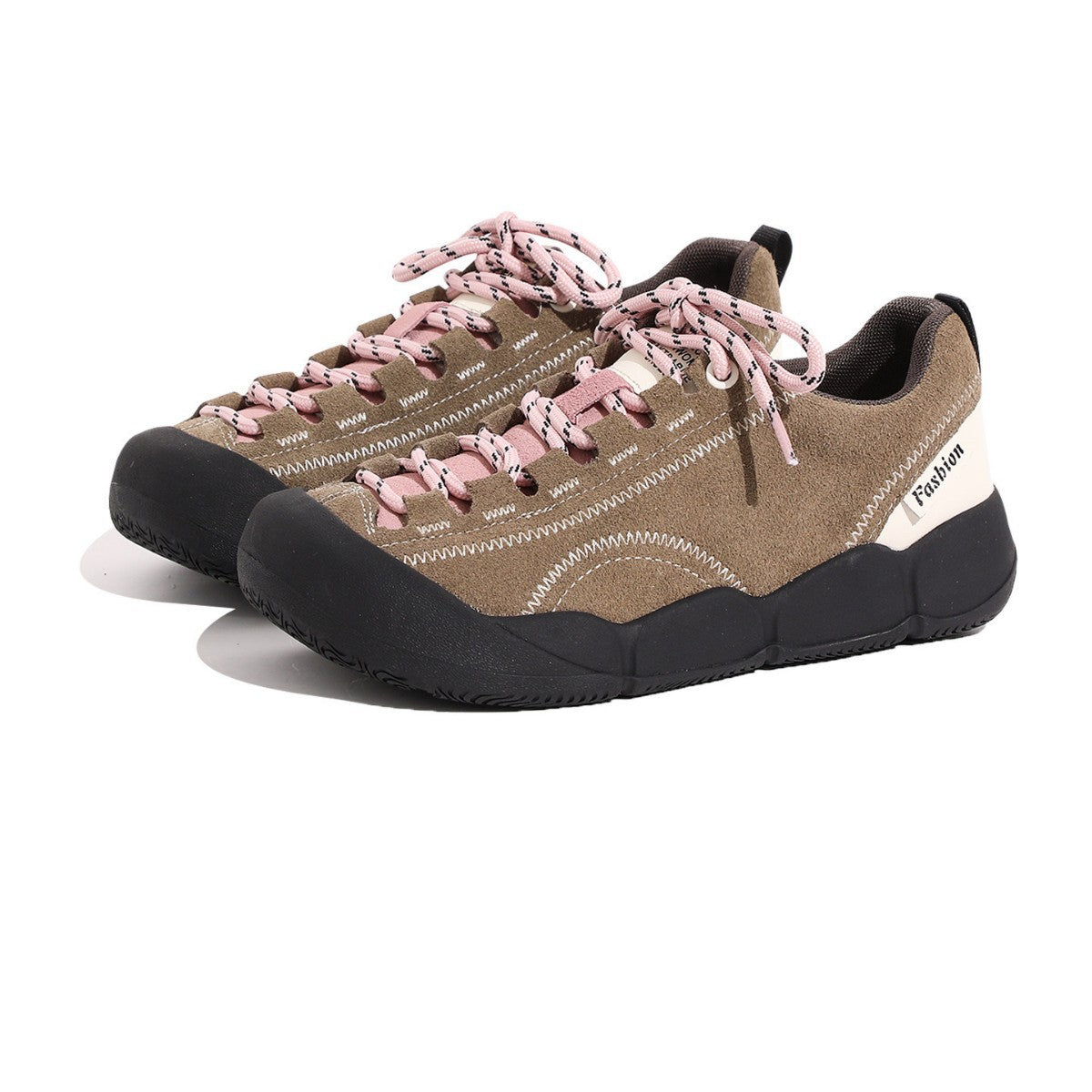 Khaki platform hiking shoes with pink lace-up front and black thick sole