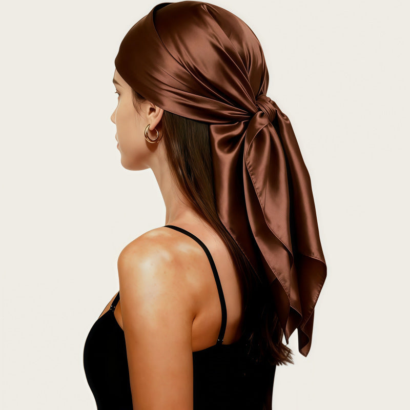 Brown satin square scarf headscarf tied with a long bow at the back