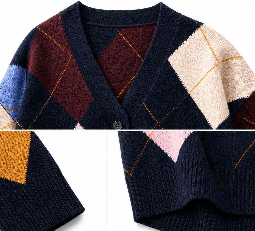 Argyle Cardigan for Women — V Neck Button Front Cropped Knit in Wool Blend