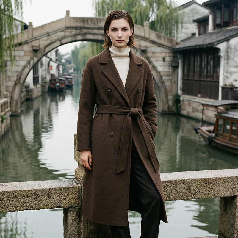 Women’s long double-breasted wool coat with tie belt, dark brown