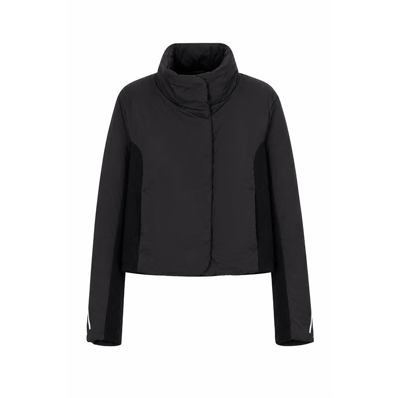 Women’s black high-neck windproof cotton jacket, zip front and hooded collar