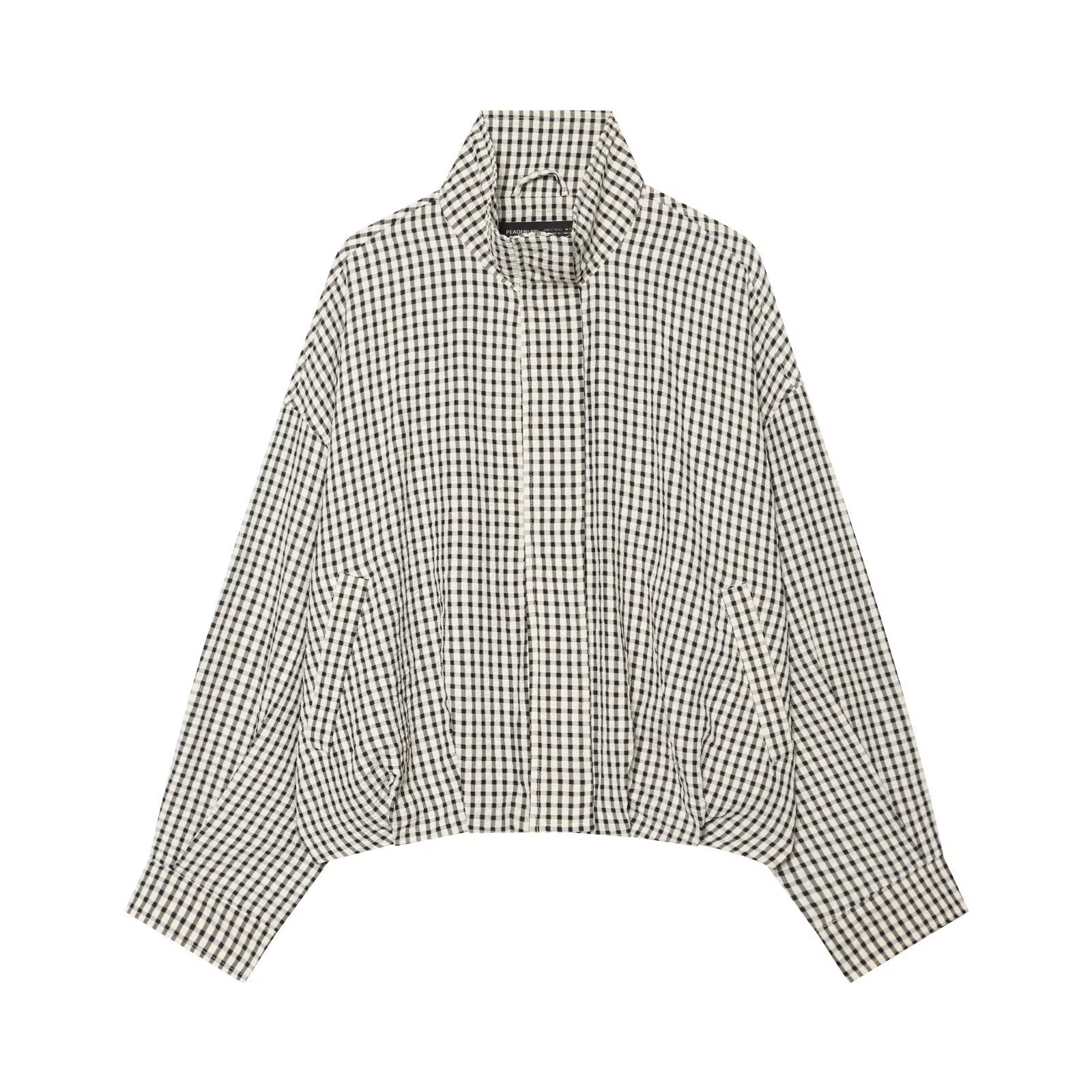 Cropped Jacket for Women — Gingham Stand Collar Bomber with Blouson Hem in Cotton