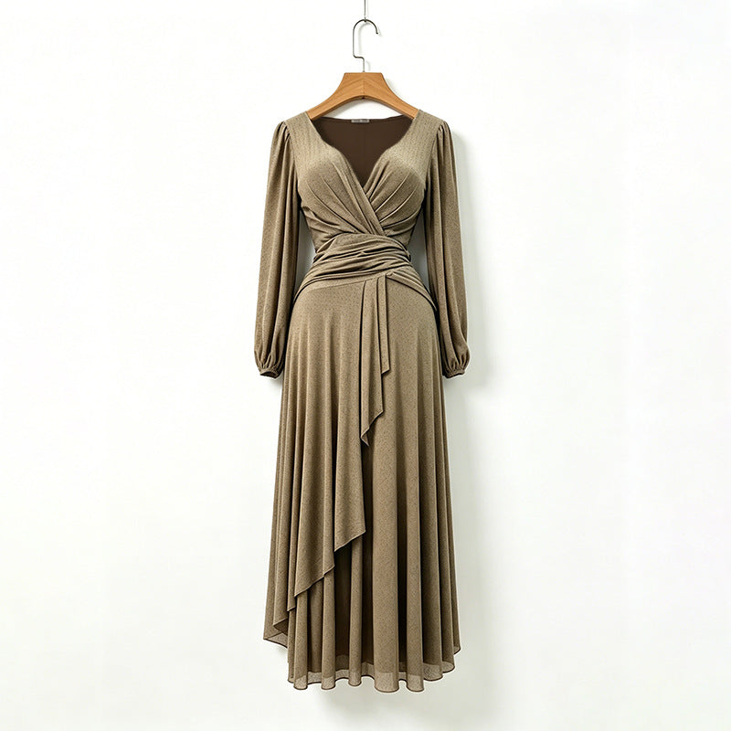 Khaki long-sleeve pleated chiffon wrap dress with draped waist and V neckline