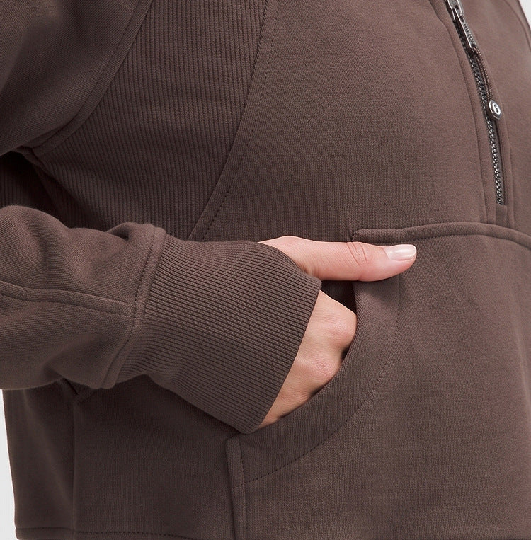 Half-zip sports jacket in dark brown, side pocket and ribbed hem detail