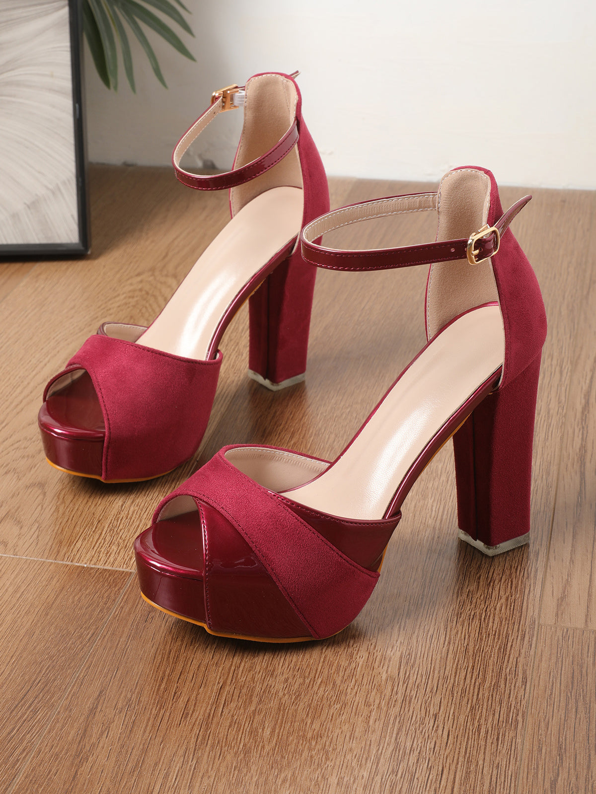 Burgundy peep-toe platform heels with ankle buckle, wide block heel, slingback