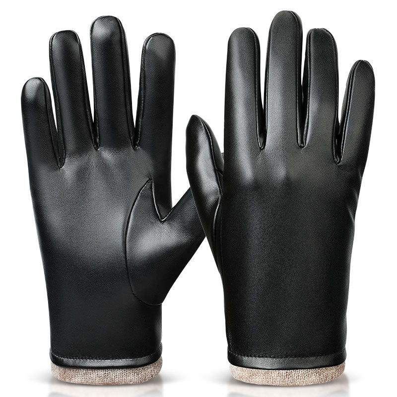 Black PU leather gloves with textured knit cuffs and stitched palm seams.