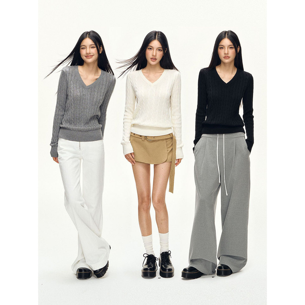 Women’s V-neck twist knit sweater in white, gray, and black, long sleeves