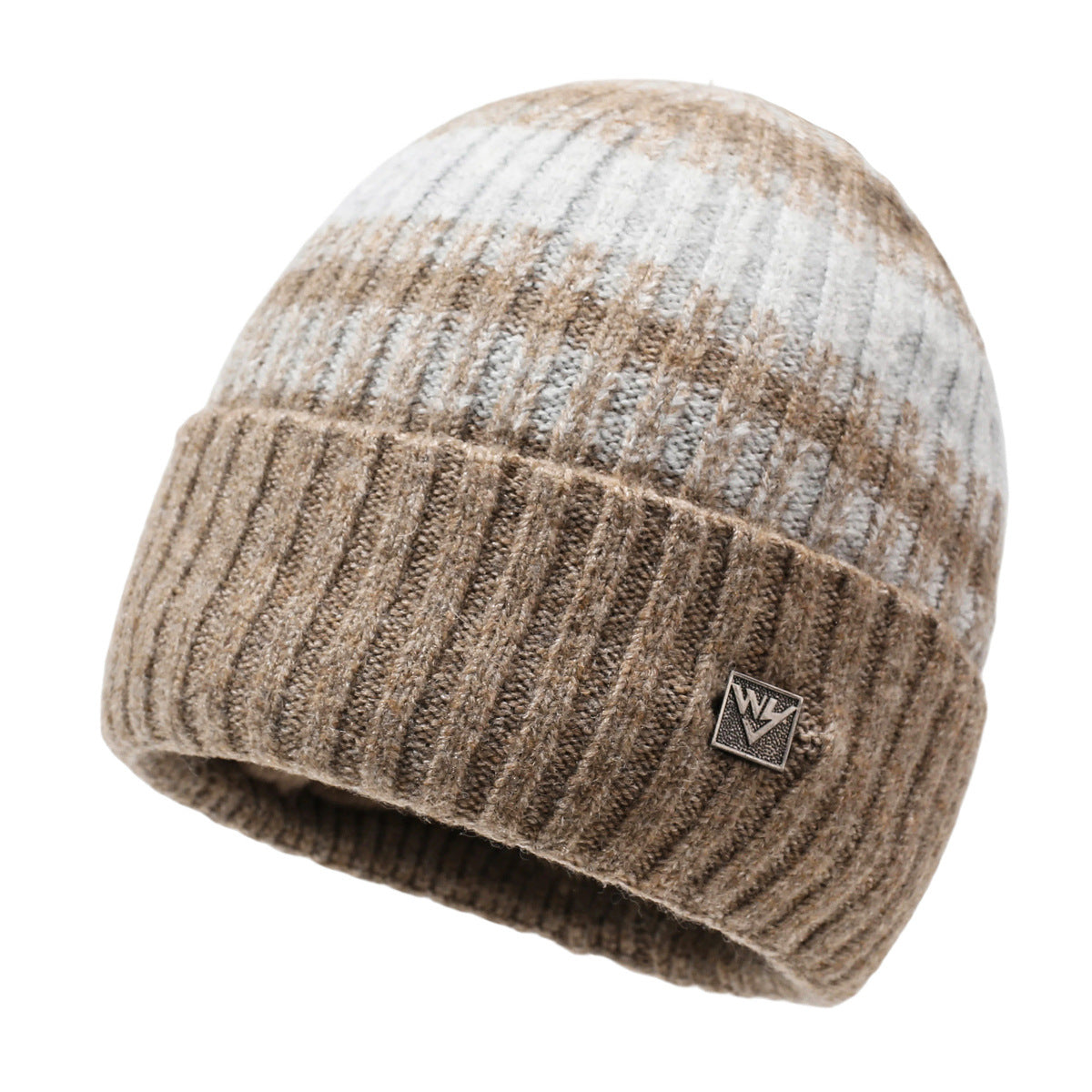 Khaki and light gray plaid knit beanie with ribbed cuff and small logo patch
