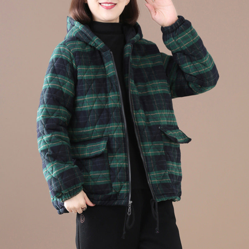 Plaid puffer jacket with attached hood and drawstring hem, dark navy with green plaid