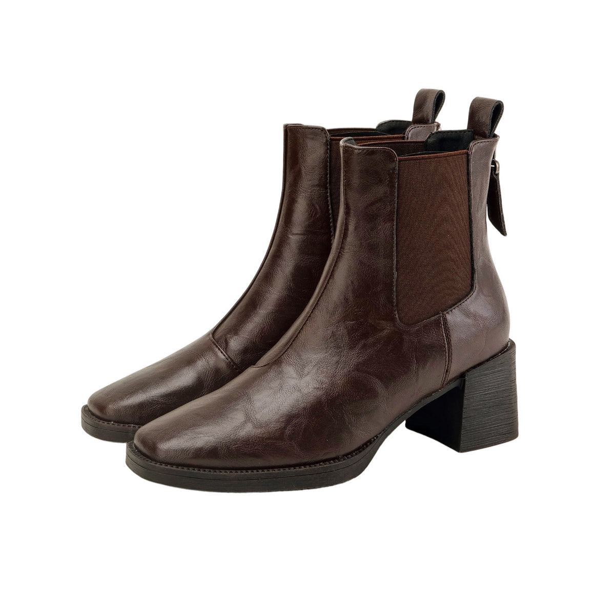 Dark brown Chelsea short boots, square toe, chunky block heel, elastic side panels.