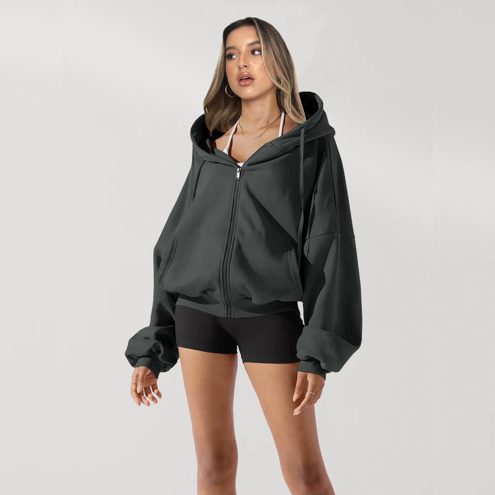 Women’s zip-front hooded sweatshirt, dark gray, adjustable hood