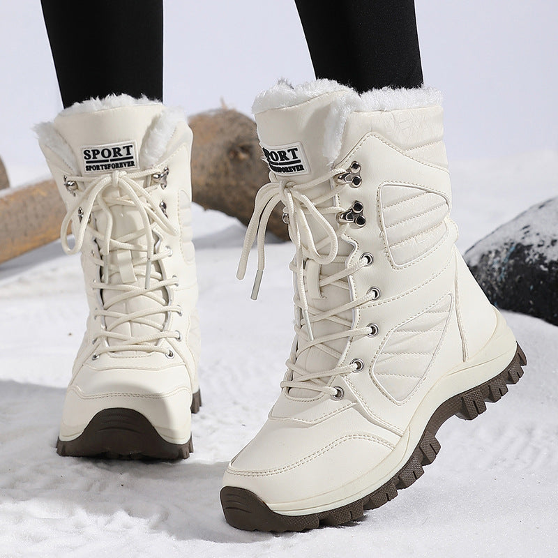 Snow Boots for Women — Mid Calf Lace Up Winter Boots with Fur Lining in Faux Leather