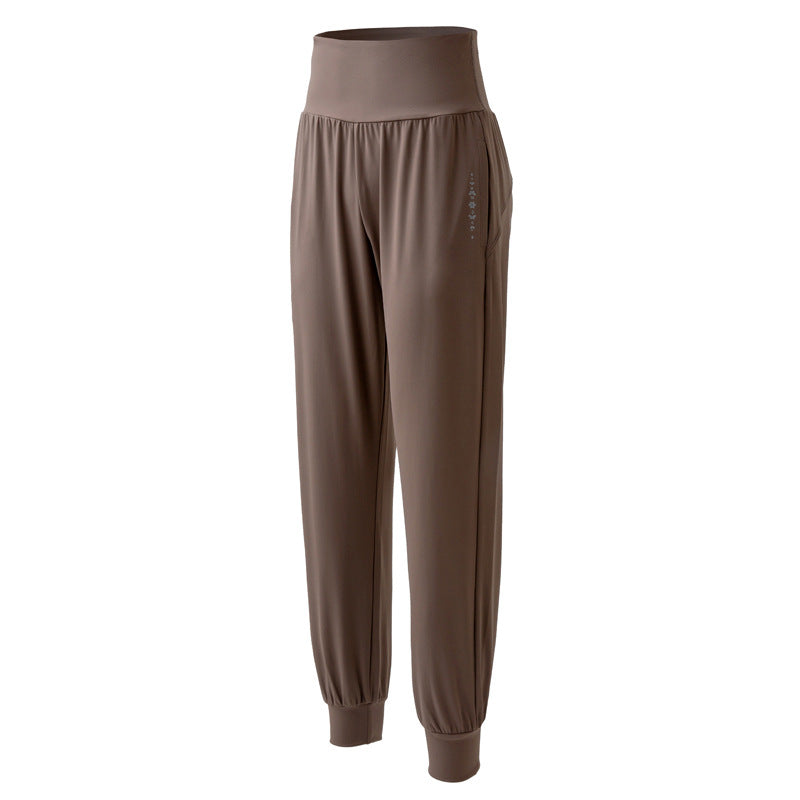 Women's dark taupe athletic jogger pants with elastic waistband and tapered cuffs