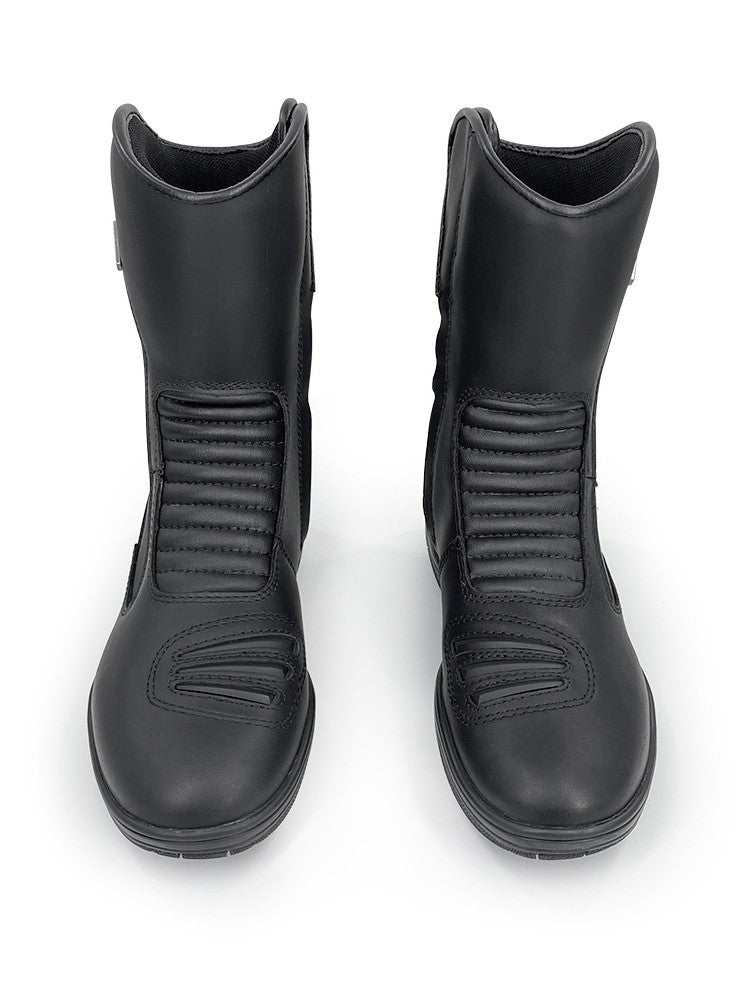 Black side view cycling boots with padded uppers and grippy outsole tread
