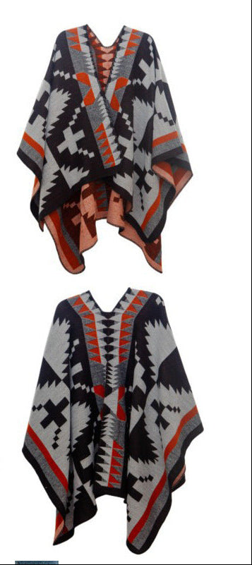 Blanket Poncho for Women — Reversible Aztec Print Ruana Wrap in Wool Blend