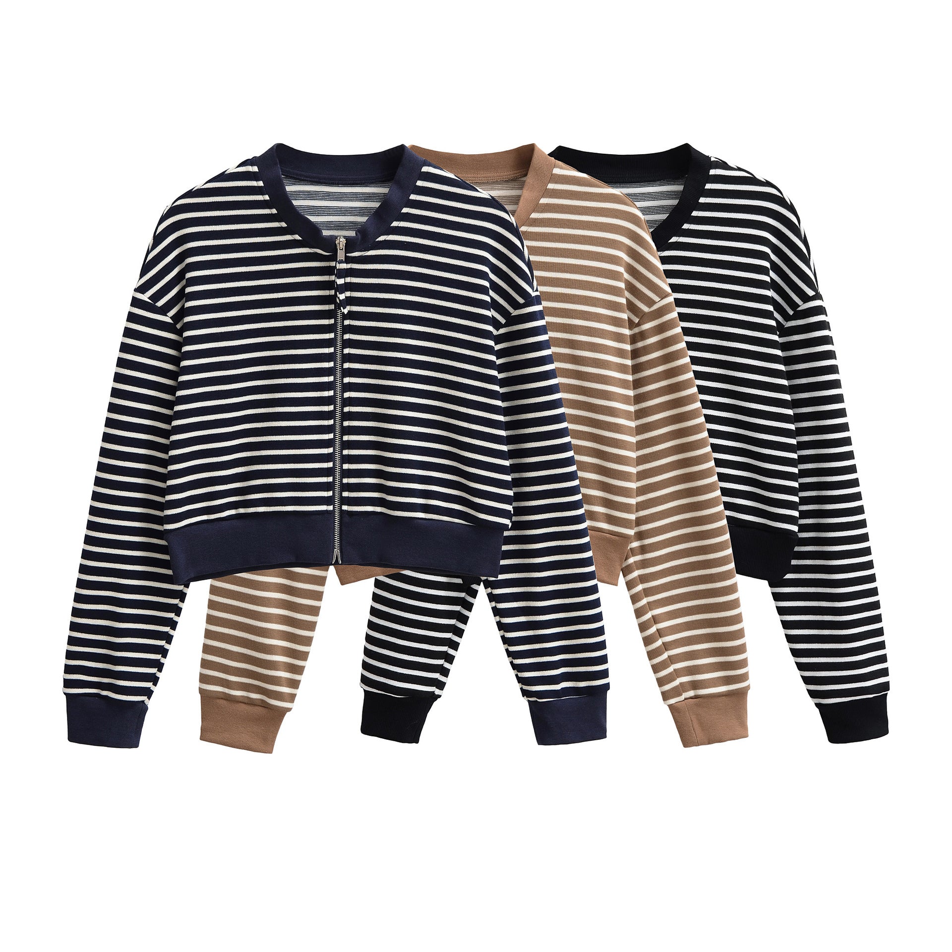 Women’s striped knit zip jacket set, round neck, long sleeves, navy and tan