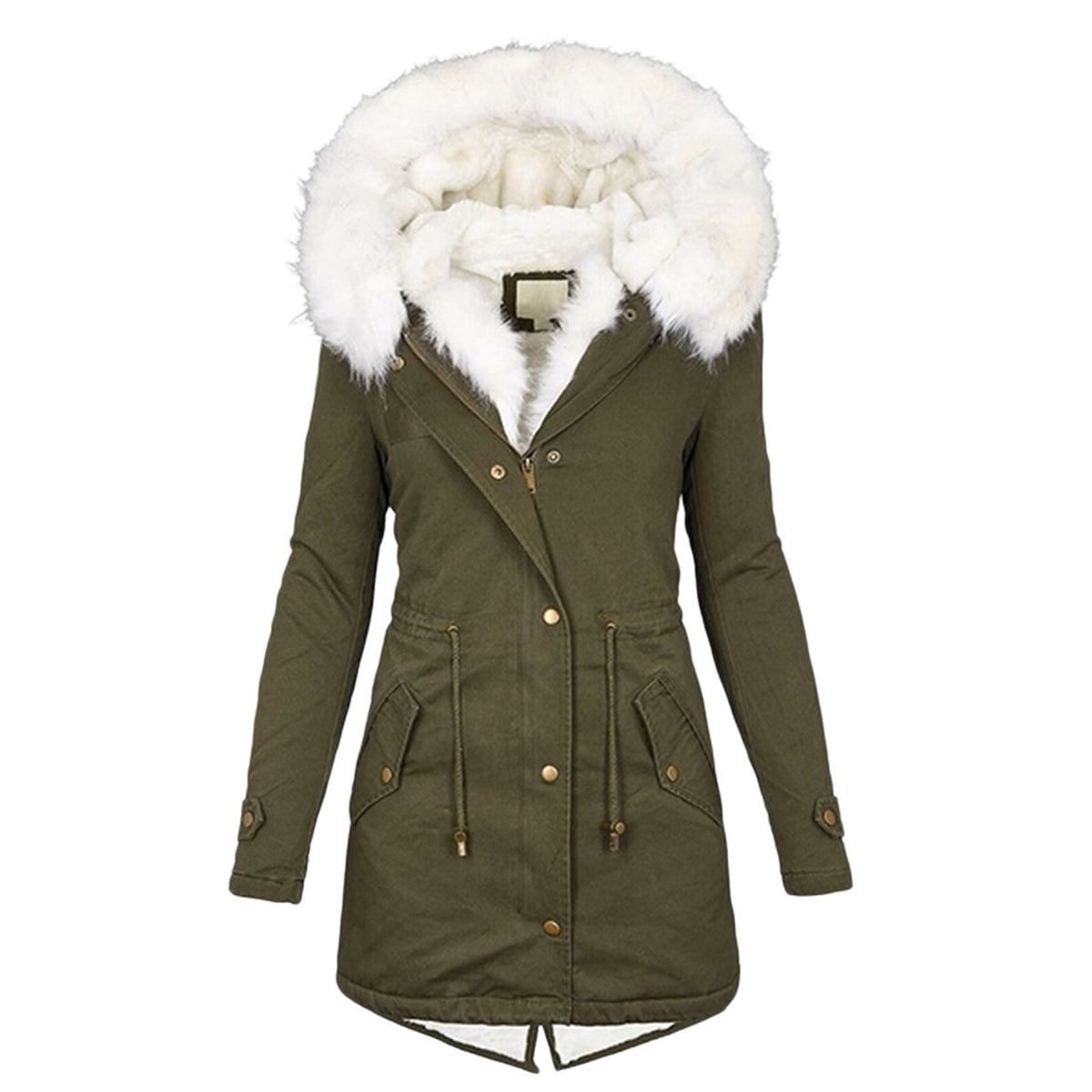 Mid-length hooded parka coat with white faux fur trim, army green, front button placket
