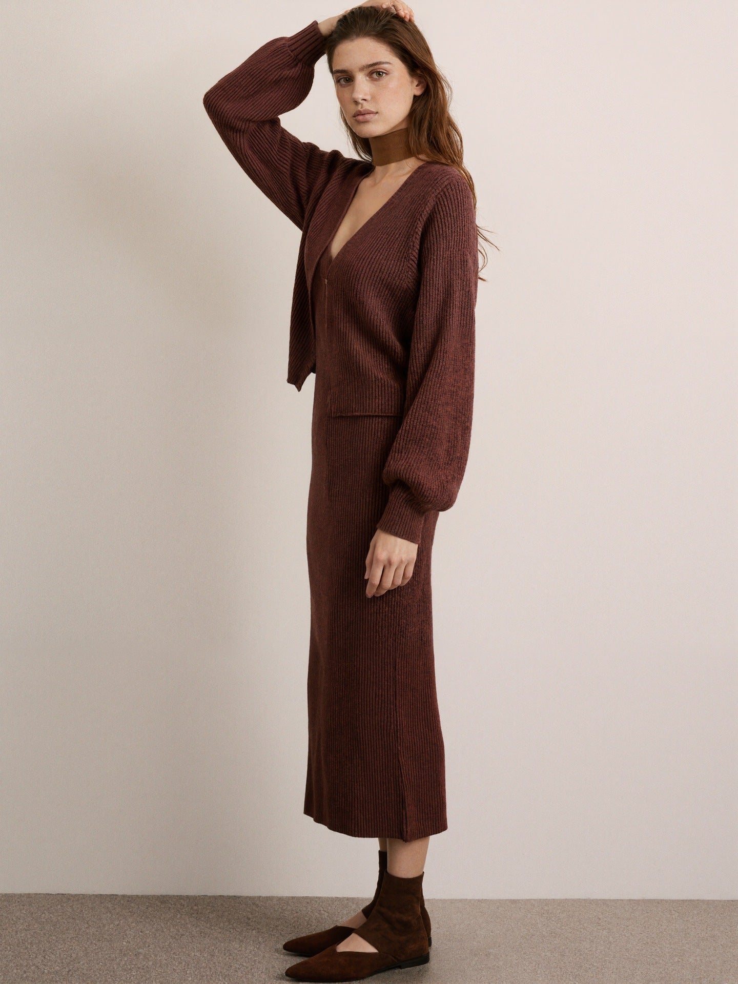 Brown knit two-piece set: cardigan with long sleeves and fitted midi dress