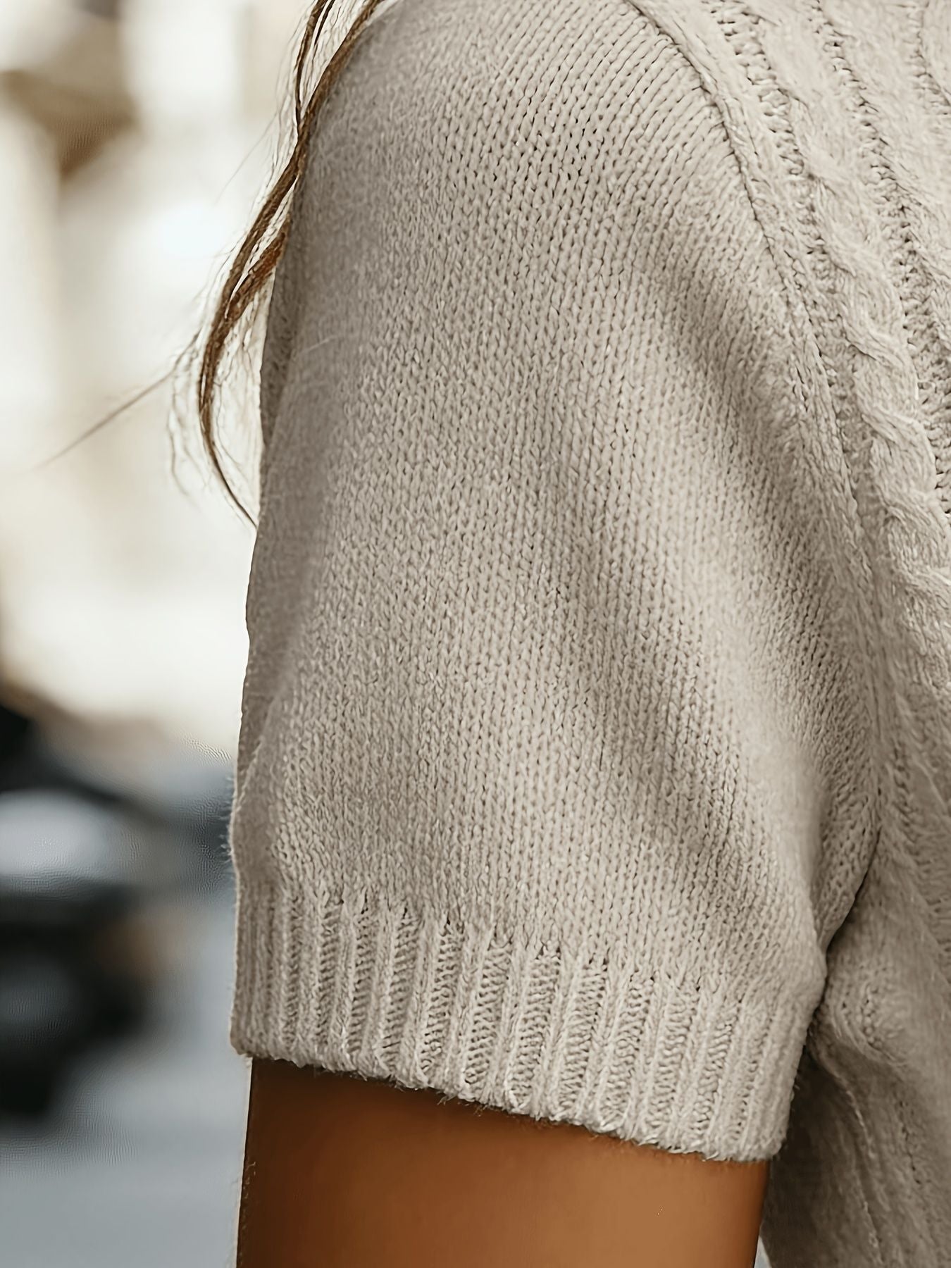 Short Sleeve Cable Knit Sweater — V Neck Pullover Top for Women in Soft Wool Blend
