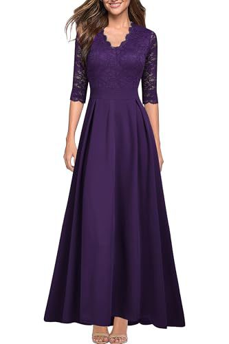 Purple lace long dress with 3/4 sleeves, V-neck, fitted waist, full flared skirt.