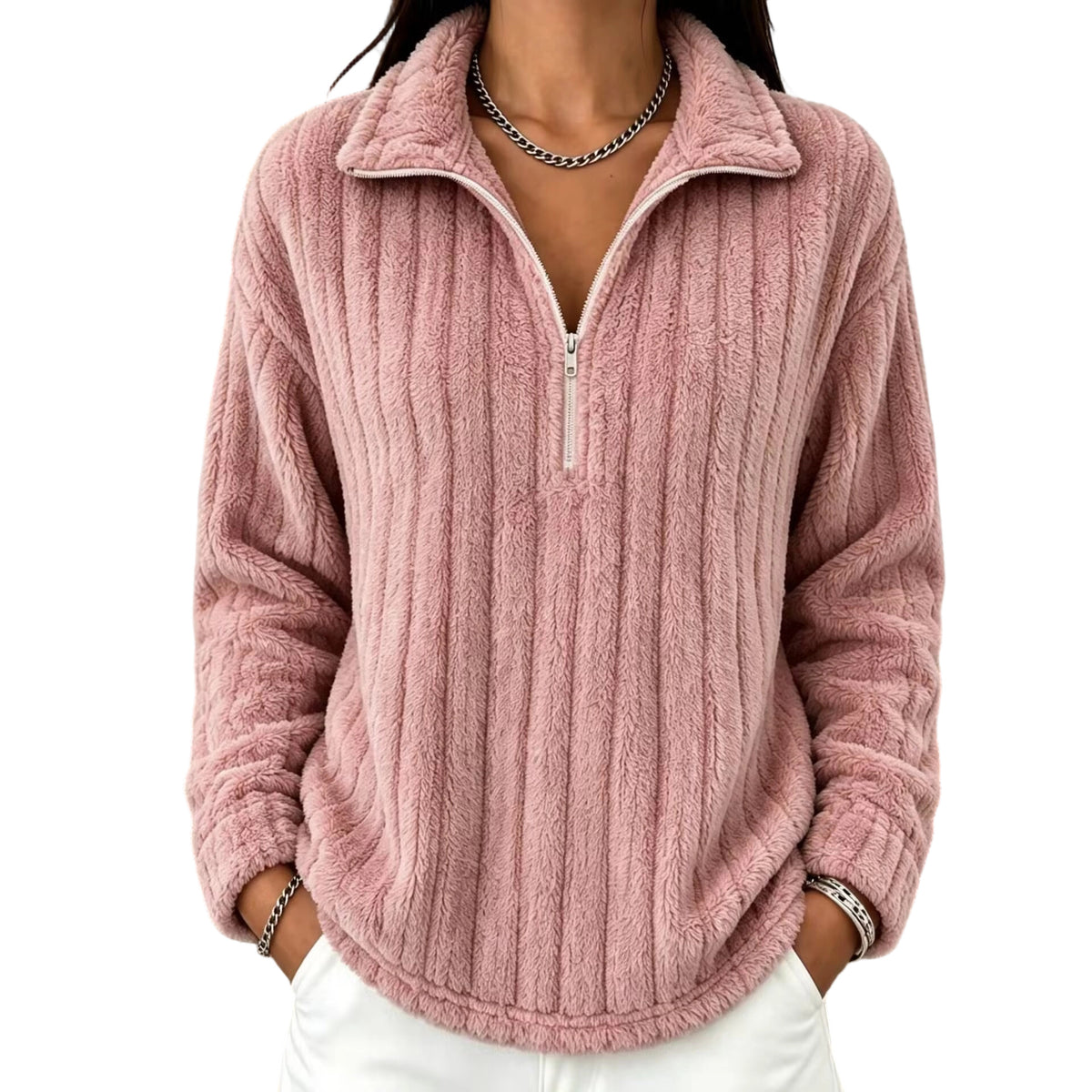 Women’s ribbed plush zip-up pullover sweatshirt in dusty pink, long sleeves