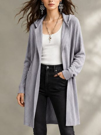 Long Hooded Cardigan for Women — Open Front Duster Knit with Side Pockets in Soft Cotton