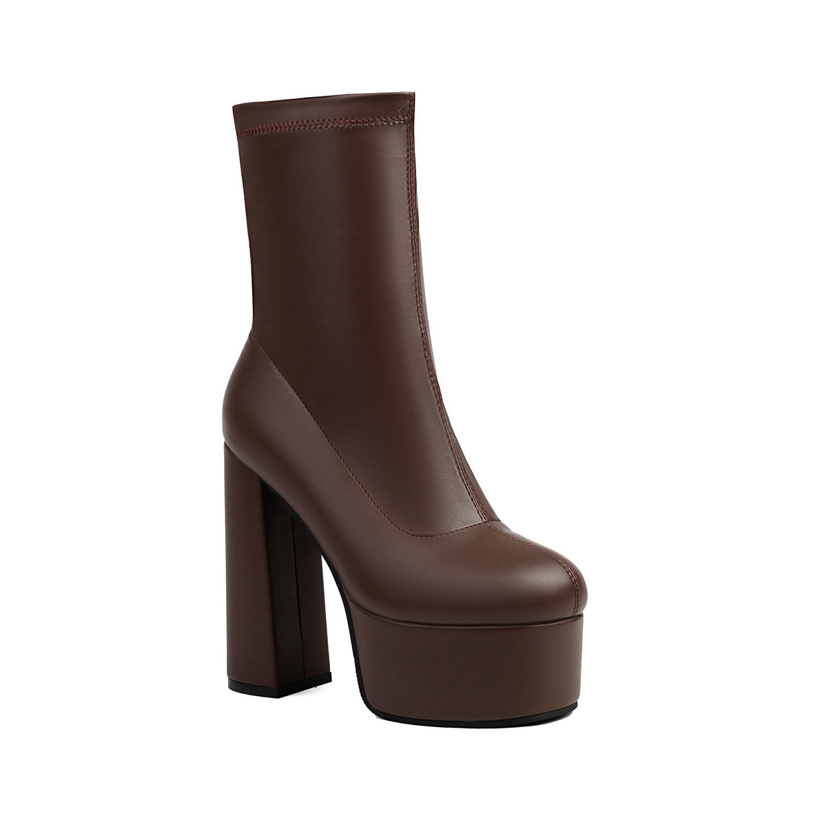 Dark brown women’s platform mid-calf boots with chunky block heel and thick sole