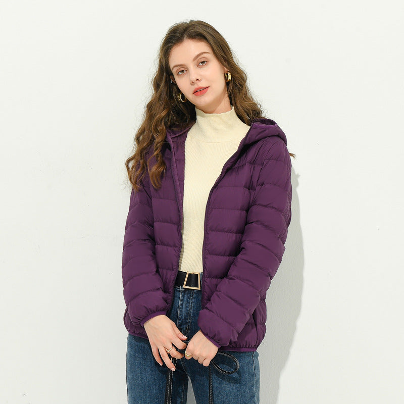 Women's lightweight ribbed down jacket, purple, full-zip with stand collar