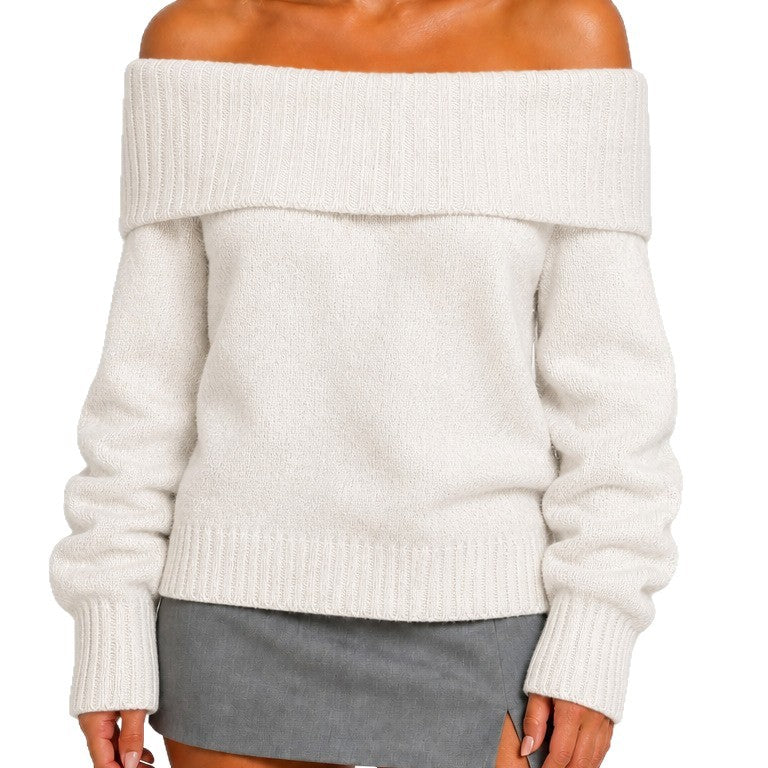 Off Shoulder Sweater for Women — Oversized Fold Over Collar Knit in Soft Wool Blend