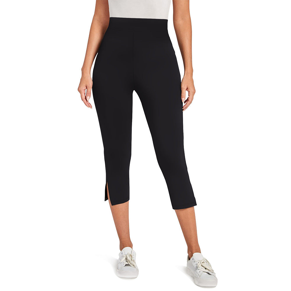 Capri Leggings for Women — High Waisted Cropped Fit with Side Split Hem in Stretch Nylon