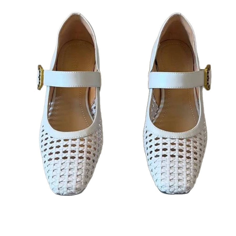 Off-white woven Mary Jane flats, square toe, single strap with gold buckle
