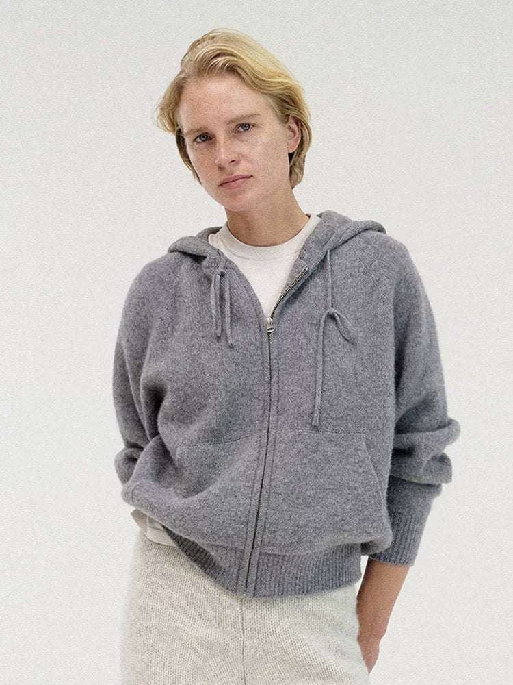 Gray hooded knit zip-up cardigan sweater for women, drawstring ties and ribbed cuffs