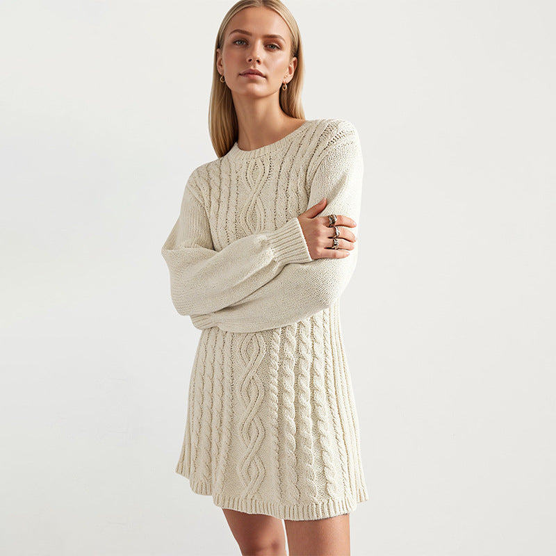 Cable Knit Sweater Dress in a Mini Length — Balloon Sleeve Crew Neck Flared Style