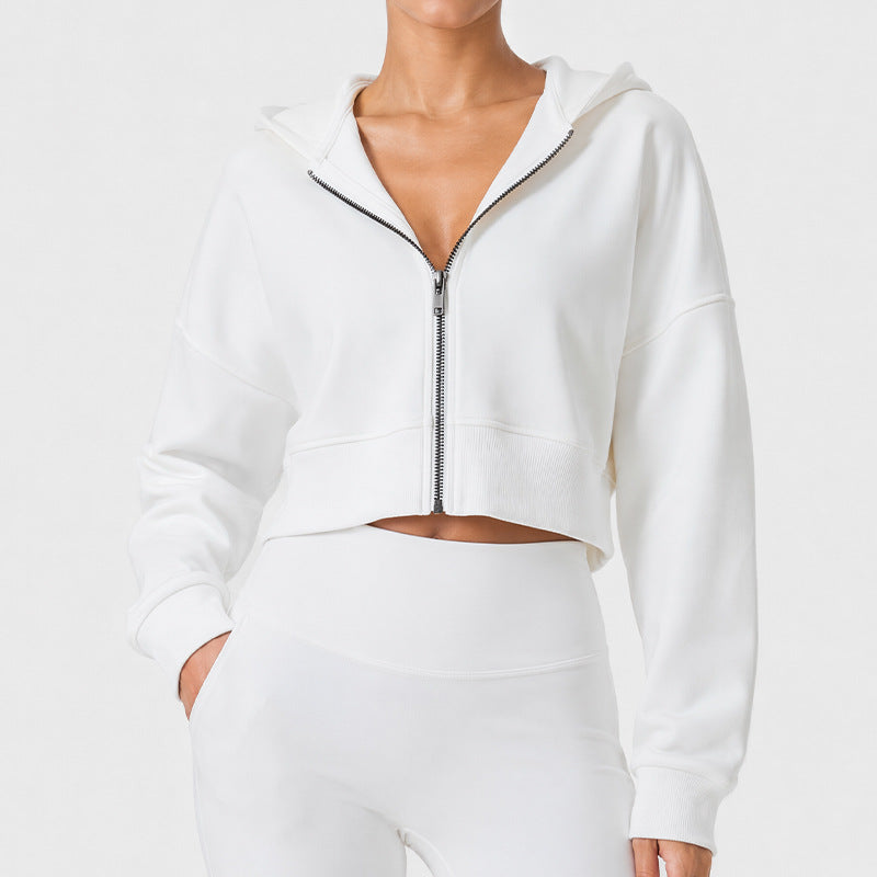 White zip-up hooded cropped sports jacket with long sleeves, zipper, and hood