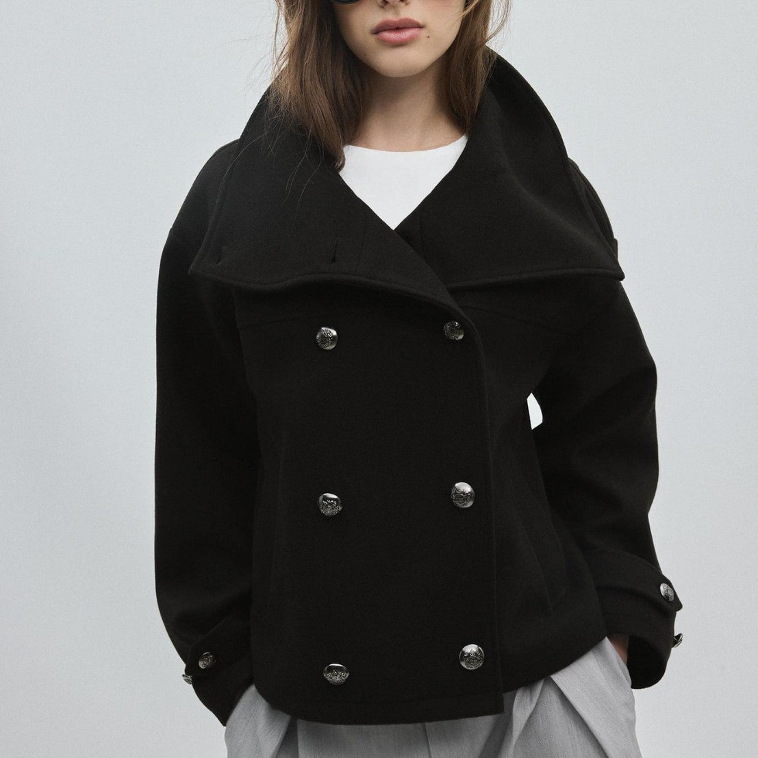 Pea Coat for Women — Short Double Breasted Wool with an Oversized Funnel Collar