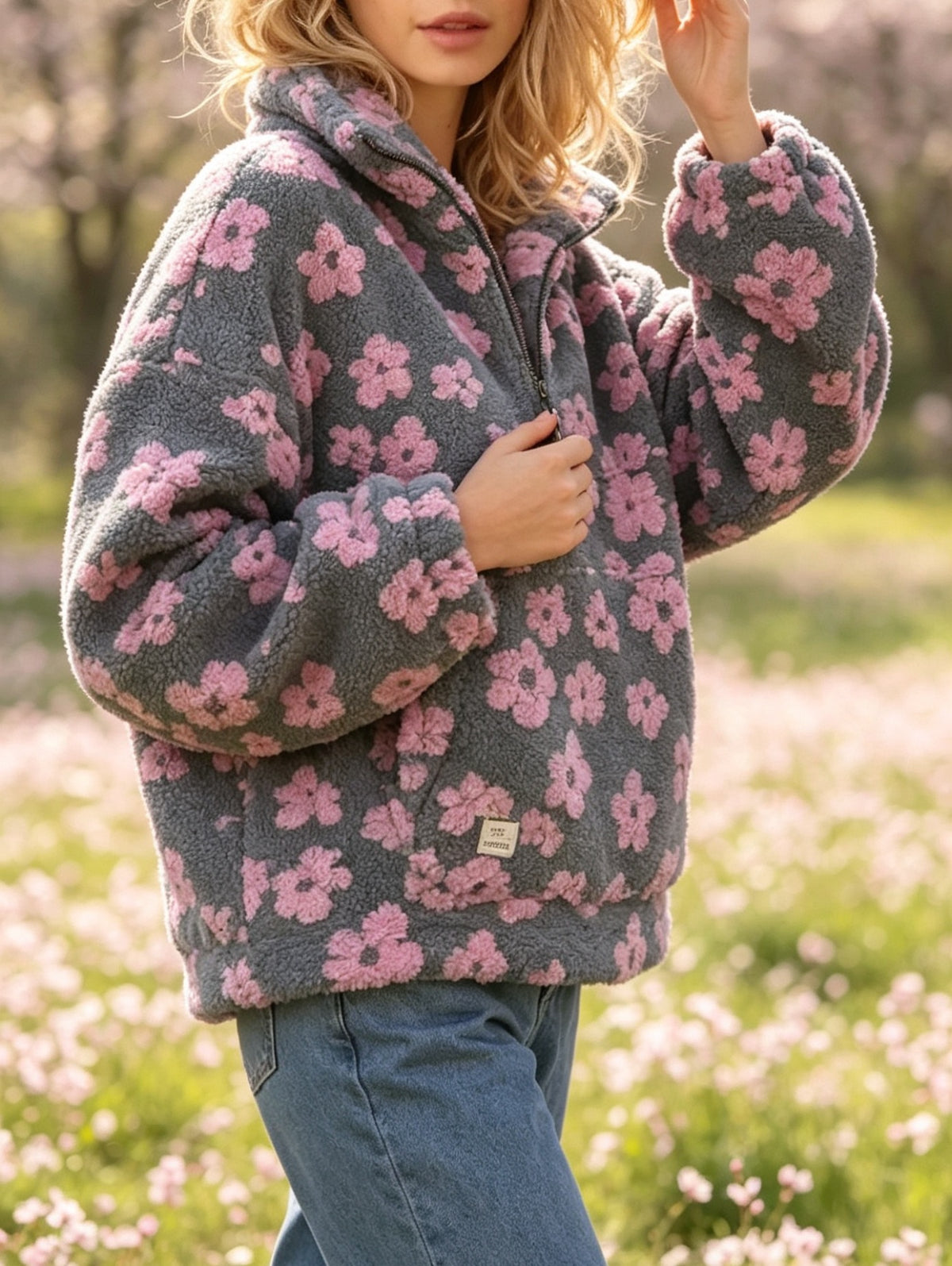 Purple fleece half-zip hoodie with pink floral pattern and long sleeves