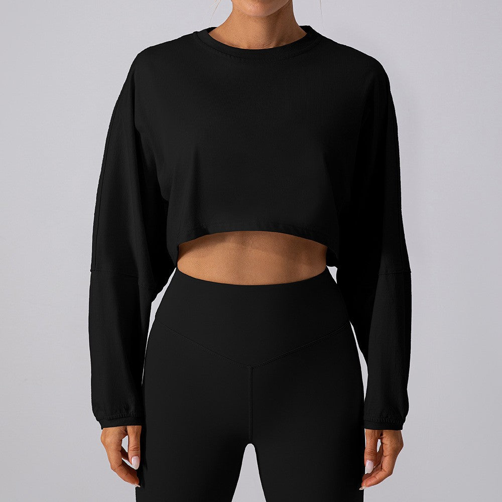 Women's black cropped sweatshirt with crew neck, long sleeves, loose fit
