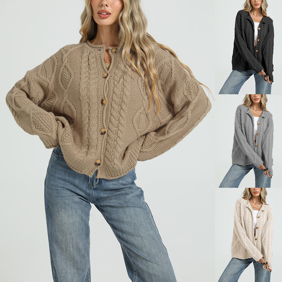 Women’s cable-knit button cardigan in taupe, loose fit, long sleeves