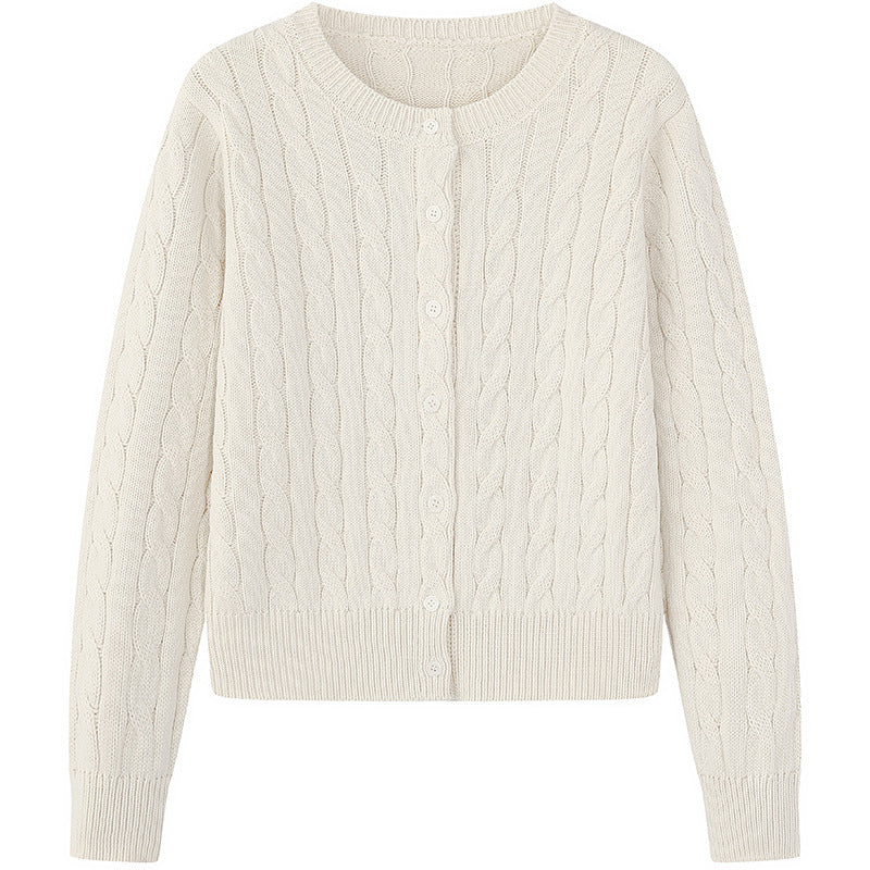 Off-white twist-knit cardigan sweater with round neck, button-front, long sleeves, cable texture
