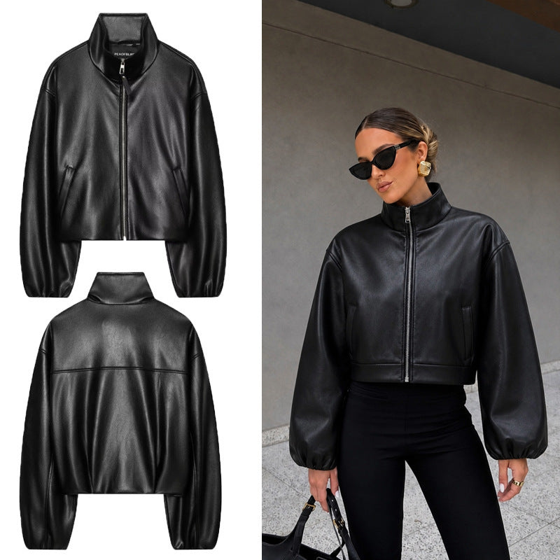 Women's black stand-collar faux leather jacket with front zipper, front/back crop view