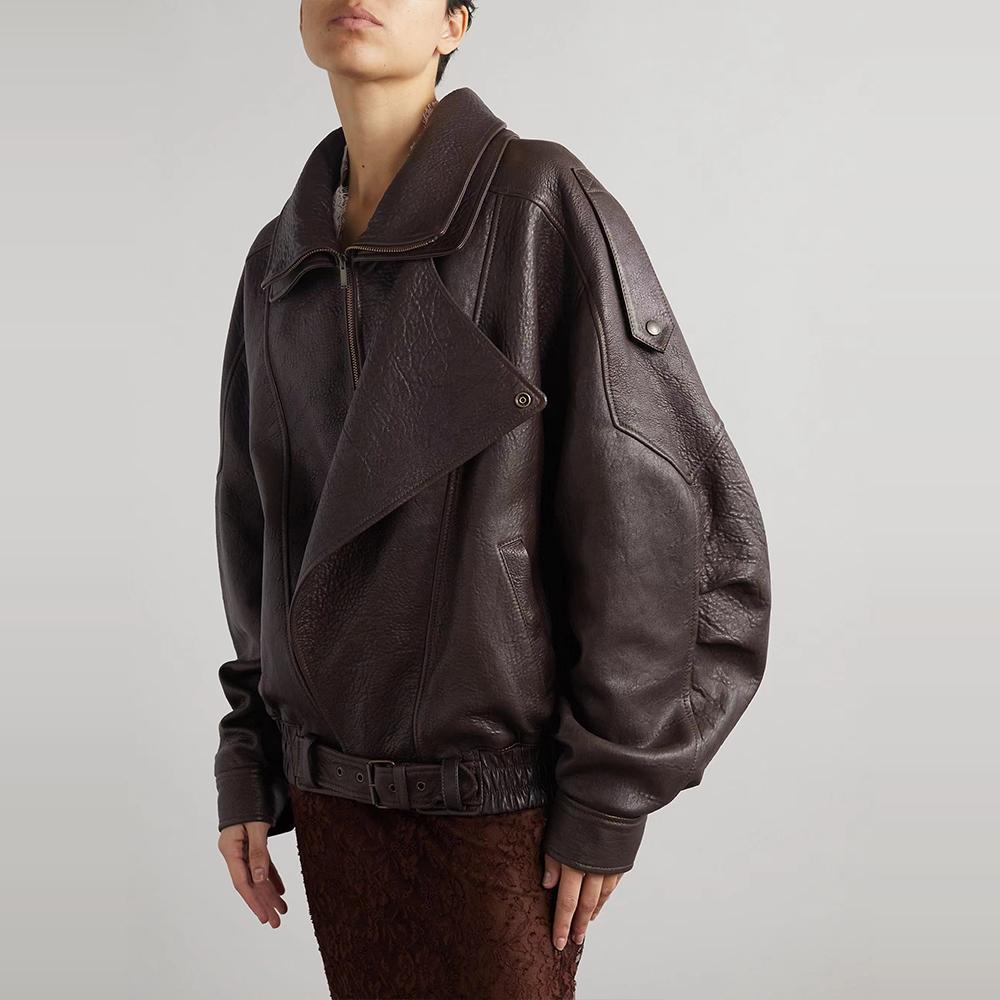 Dark brown leather motorcycle jacket with double collar, asymmetrical snap front