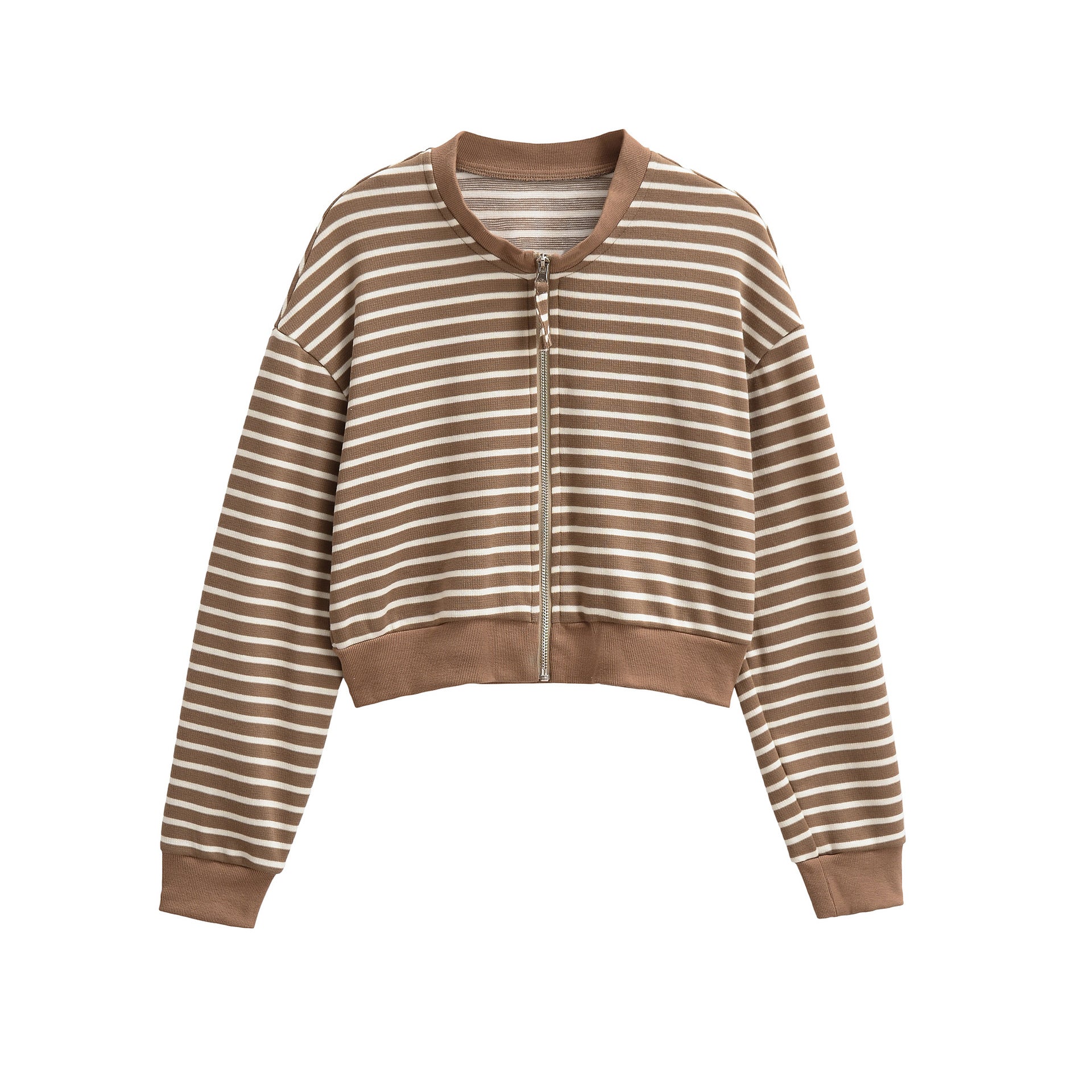 Women’s striped knit zip jacket, round neck, long sleeves, tan with white stripes