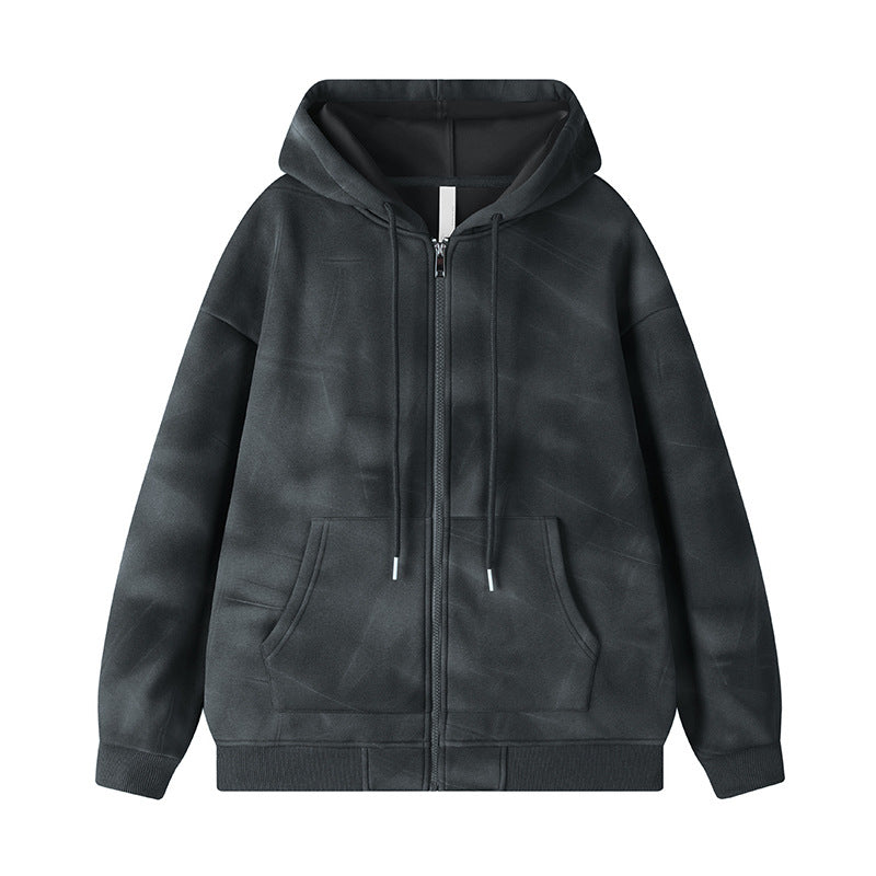 Charcoal hooded zip cardigan sweatshirt with drawstring hood and two front pockets