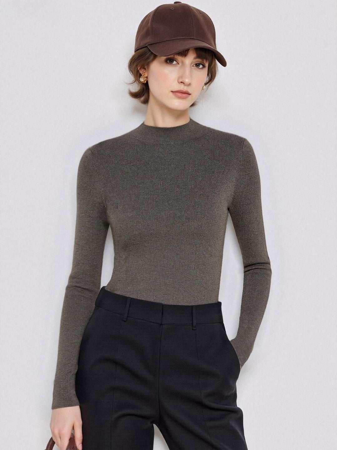 Dark gray half turtleneck wool knit sweater, fitted long sleeves