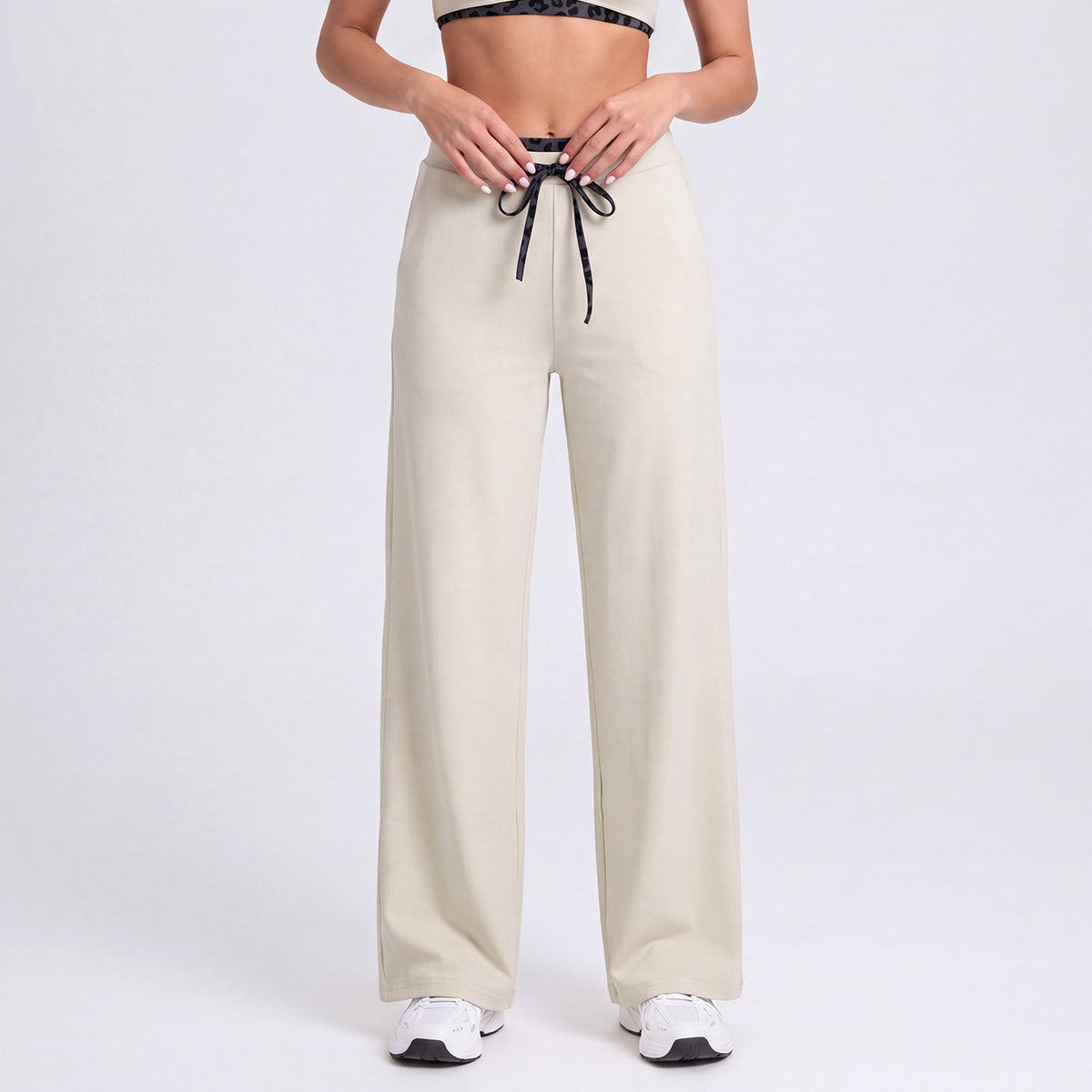 Women's straight-leg athletic pants, cream with leopard-trim drawstring waistband