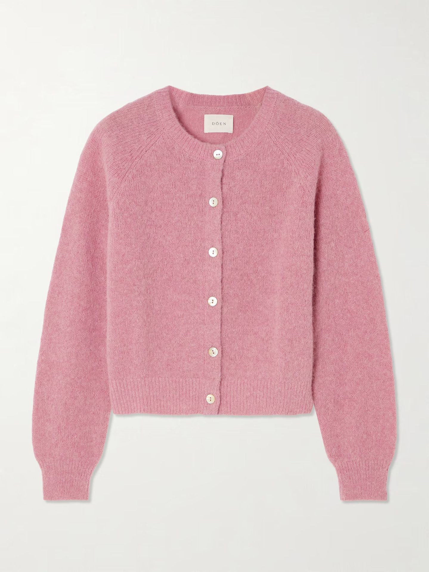 Women's wool-blend knit cardigan, dusty pink flat lay with round neck button front